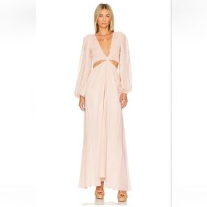 Indah Julie Solid Ruched Bodice Cutaway Maxi Dress in Doe Tan Small NWT